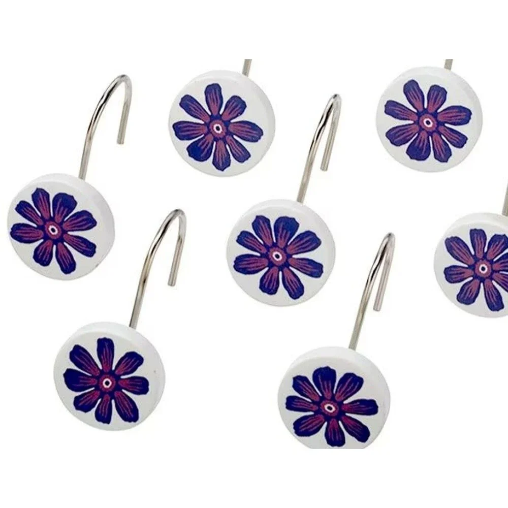 Retro Vibe Blue Floral Shower Curtain Hooks 12-pc Ceramic Metal Bath Gift NEW